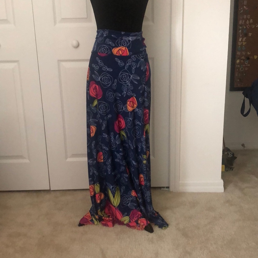 LuLaRoe Navy Maxi Skirt with Pink, White & Green Floral Print